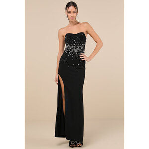 Lulus Opulent Muse Black Rhinestone Strapless Bustier Maxi Dress - Size XS